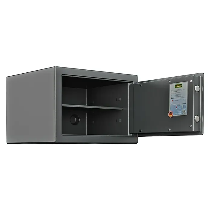 Burg-Wächter Caja fuerte de seguridad Classic-Safe 1 E - Cerradura de combinación electrónica, L x An x Al: 376 x 402 x 278 mm, Negro - Caja fuerte para muebles Burg Wächter abierta con estante e inscripción en el interior de la puerta.