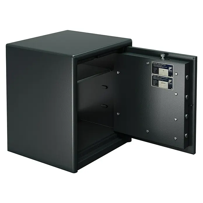 Burg-Wächter Möbeltresor Combi Line CL 440 E - Elektronisches Zahlenschloss, 445 x 495 x 560 mm, Schwarz - Geöffneter Tresor mit Regalen und Etiketten an der Innenseite der Tür, ideal zur sicheren Aufbewahrung wichtiger Gegenstände.