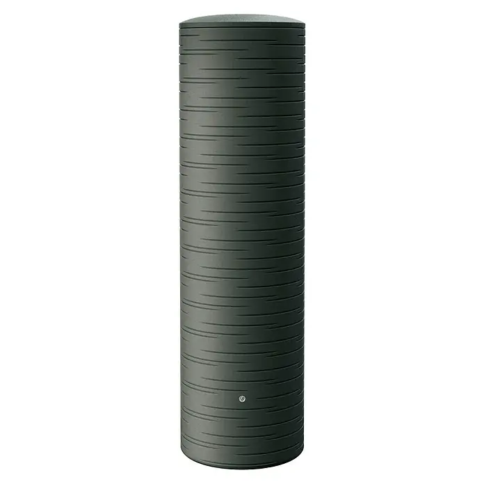 Arves Regenspeicher Novara - 500 l, Anthrazit - Eine graue, vertikale Wasserspeichertonne mit horizontalen Rillen und einem kleinen Logo unten, ideal für die Gartenbewässerung.