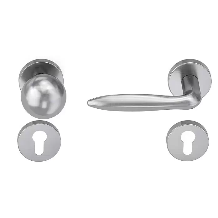 Diamond Doors Modern Wechselgarnitur Fun - Stärke Tür: 38 mm - 45 mm, Edelstahl matt, DIN Anschlag: Links - Set aus silbernem Metall-Türbeschlag: runder Türknauf, gekrümmter Türgriff und zwei Schlüsselschilder.
