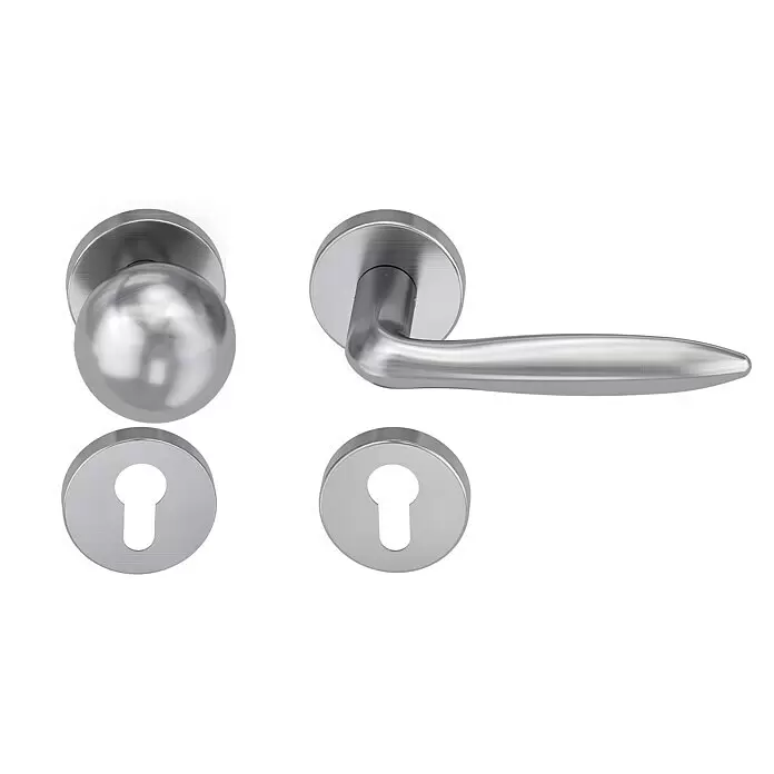 Diamond Doors Modern Wechselgarnitur Fun - Stärke Tür: 38 mm - 45 mm, Edelstahl matt, DIN Anschlag: Rechts - Set aus silbernem gebürstetem Metall Türbeschlägen, bestehend aus einem Türknauf, einem Türdrücker und zwei Schlüssellochrosetten.