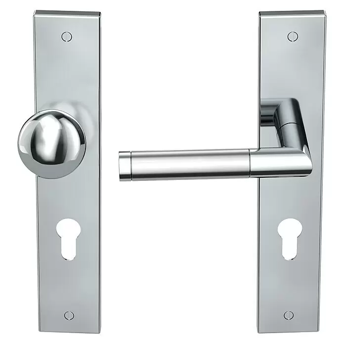Diamond Doors Creative Wechselgarnitur Louisiana - Stärke Tür: 38 mm - 45 mm, Edelstahl poliert-matt, DIN Anschlag: Links - Zwei polierte Chrom-Türgarnituren, eine mit Knauf und die andere mit Drücker, beide mit Schlüssellochrosetten.