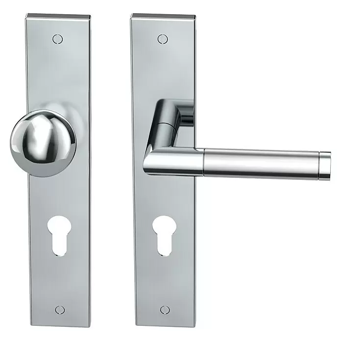 Diamond Doors Creative Wechselgarnitur Louisiana - Stärke Tür: 38 mm - 45 mm, Edelstahl poliert-matt, DIN Anschlag: Rechts - Set polierter Chrom-Türgriffe mit Knauf und Griff, beide mit rechteckigen Rosetten und Schlüssellöchern.