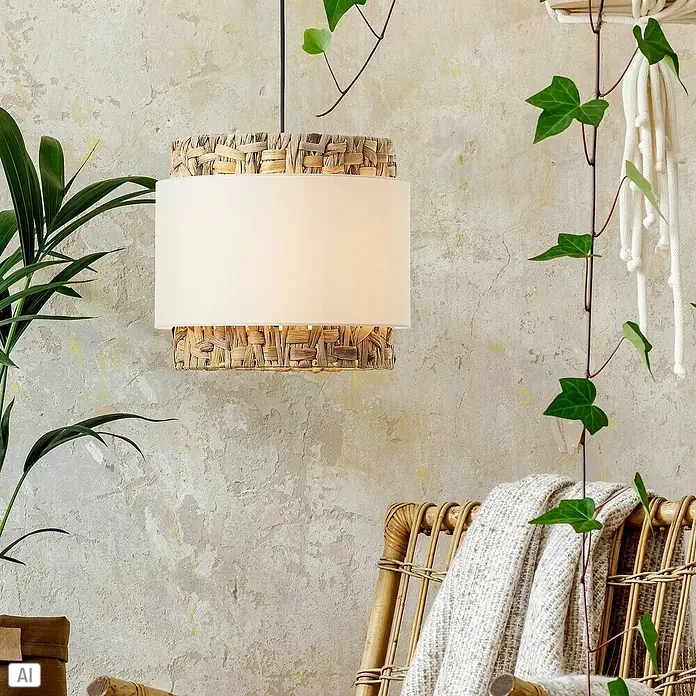 Brilliant Waterlilly Pendelleuchte - 60 W, E27 - Eine zweistufige Hängelampe mit einem cremefarbenen Schirm und natürlichem Rattan-Akzent, die eine gemütliche Atmosphäre schafft.