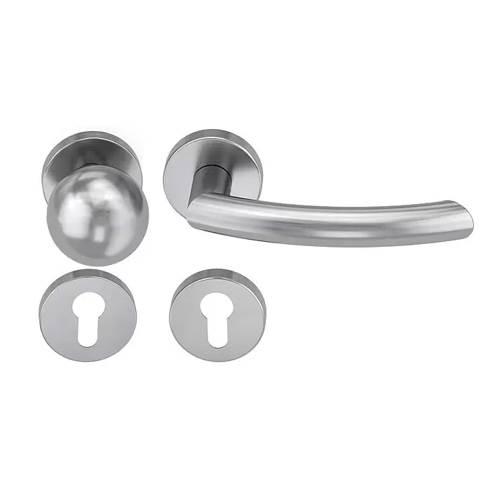 Diamond Doors Classic Wechselgarnitur Wisconsin - Stärke Tür: 38 mm - 45 mm, Edelstahl matt, DIN Anschlag: Rechts - Set aus silberfarbenen, gebürsteten Metalltürbeschlägen: Knopf, Hebelgriff und zwei Schlüsselschilder.