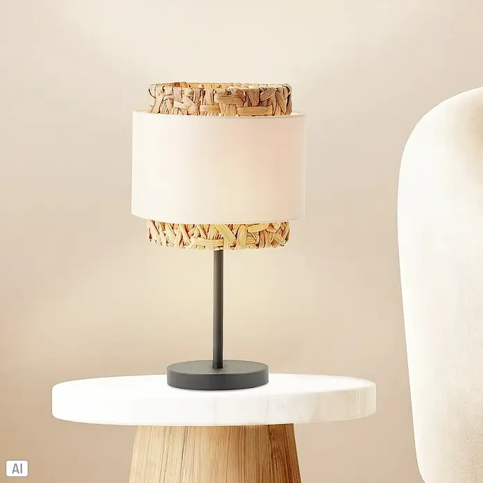 Brilliant Waterlilly Tischleuchte - 60 W, E27 - Nahaufnahme einer eleganten Tischlampe mit einem Lampenschirm aus Weide und Stoff, die auf einem Beistelltisch steht.