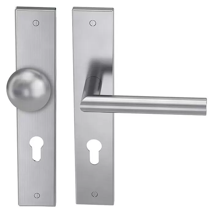 Diamond Doors Modern Wechselgarnitur Iowa - Stärke Tür: 38 mm - 45 mm, Edelstahl matt, DIN Anschlag: Rechts - Zwei Türbeschläge aus gebürstetem Edelstahl: einer mit Kugelknauf, der andere mit Türdrücker, beide mit Schlüsselloch.