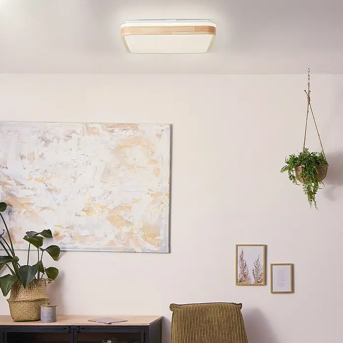 Brilliant LED-Deckenleuchte Tumeo - 24 W, L x B x H: 39 x 39 x 8 cm, Weiß, Warmweiß - Moderne Deckenleuchte mit Holzrahmen für stilvolle Beleuchtung im Raum. Die Leuchte sorgt für eine angenehme Atmosphäre.