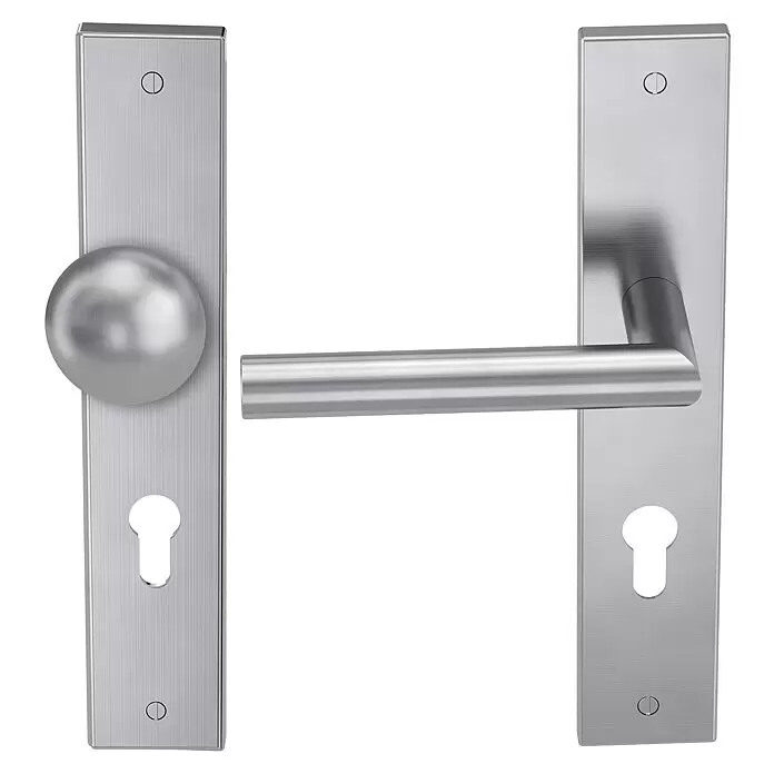 Diamond Doors Modern Wechselgarnitur Iowa - Stärke Tür: 38 mm - 45 mm, Edelstahl matt, DIN Anschlag: Links - Türbeschlag-Set aus gebürstetem Edelstahl mit rundem Knauf auf einer Seite und Türdrücker auf der anderen, beide mit Schlüsselloch.