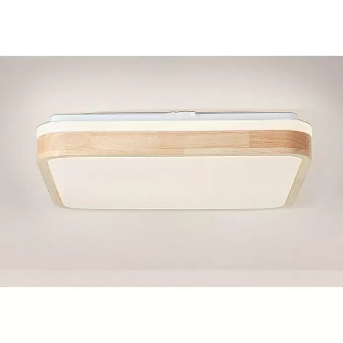 Brilliant LED-Deckenleuchte Tumeo - 24 W, L x B x H: 39 x 39 x 8 cm, Weiß, Warmweiß - Rechteckige LED-Deckenleuchte mit hellem Holzrahmen und weißem Diffusor, bündig an der Decke montiert.