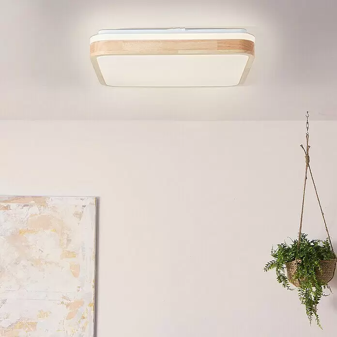 Brilliant LED-Deckenleuchte Tumeo - 24 W, L x B x H: 39 x 39 x 8 cm, Weiß, Warmweiß - Rechteckige LED-Deckenleuchte mit Holzoptikrahmen und weißem Diffusor, flächenbündig montiert.