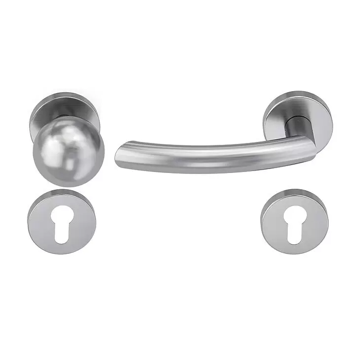 Diamond Doors Classic Wechselgarnitur Wisconsin - Stärke Tür: 38 mm - 45 mm, Edelstahl matt, DIN Anschlag: Links - Set aus gebürstetem Metall-Türbeschlägen: runder Türknauf, gebogener Türdrücker und zwei Schlüssellochrosetten.