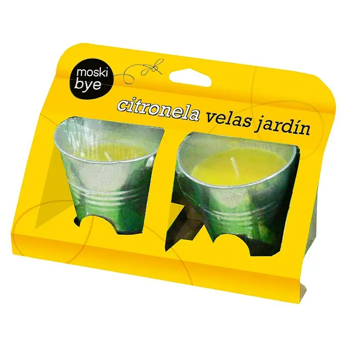 Flower Vela de citronela en cubo metálico - Amarillo, Citronela - Paquete de dos velas de jardín de citronela Moski Bye, perfectas para mantener alejados a los mosquitos y crear un ambiente exterior agradable.
