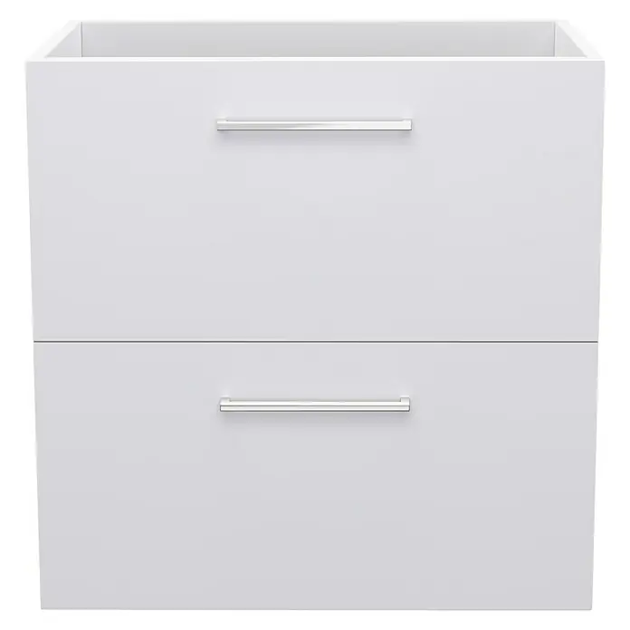 Camargue Espacio Waschtischunterschrank - 60 x 40 x 60 cm, 2 Schubkästen, Mira - Ein weißer Badezimmerschrank mit zwei Schubladen und silbernen Griffen, ideal für die Aufbewahrung von Badutensilien.