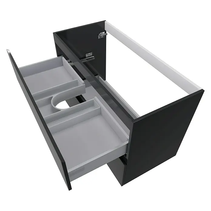 Camargue Espacio Waschtischunterschrank - 100 x 46 x 60 cm, 2 Schubkästen, Gama anthrazit glänzend - Abbildung eines offenen schwarzen Waschtischunterschranks mit weißen Schubladen.