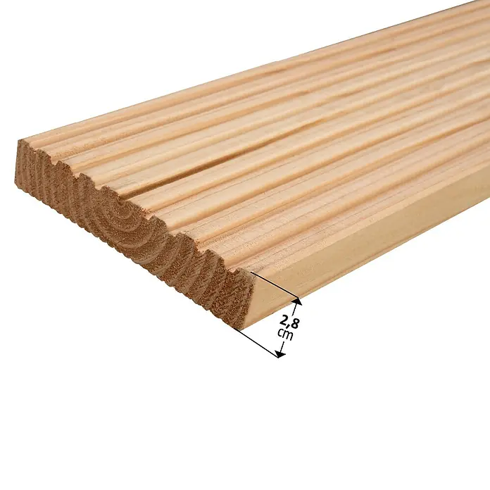 Terrassendiele - Douglasie, 200 x 14,5 x 2,8 cm, Rötlich gelblich - Nahaufnahme eines hellen, geriffelten Holzdecks mit einer Dicke von 2,8 cm. Das Holz zeigt deutliche Jahresringe.
