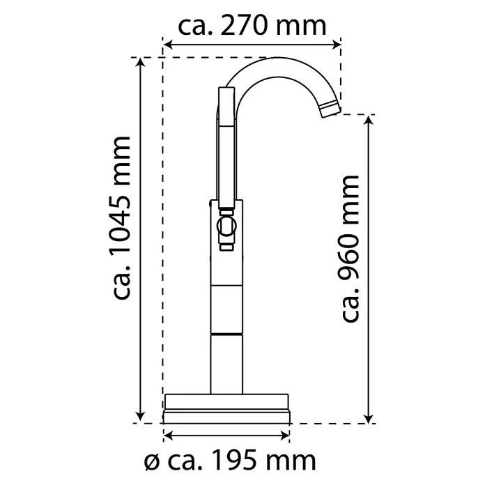 Wannenstandarmatur Lissabon - Höhe: 104,5 cm, Chrom, Glänzend - Produktskizze einer Armatur mit Maßangaben (ca. 1045 mm Höhe, ca. 270 mm Breite, Ø ca. 195 mm Sockel, ca. 960 mm Auslaufhöhe).