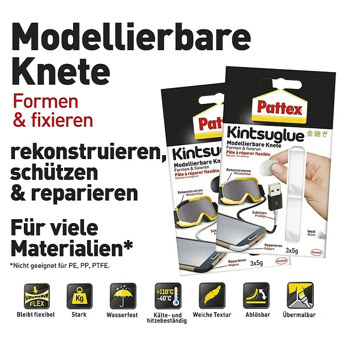 Pattex Knetmasse Kintsuglue - Weiß, 5 g - Produktbild von Pattex Modellierbare Knete & Kintsuglue: Formen, reparieren und fixieren Sie Ihre Gegenstände einfach.
