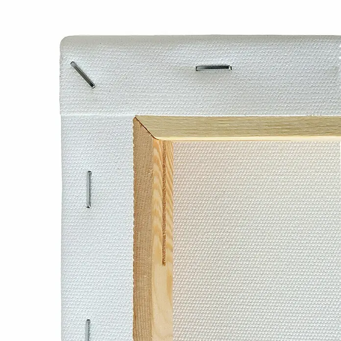 Liquitex Basics Keilrahmen Canvas Deep Edge - 80 x 40 x 3,5 cm, Baumwolle, 3-fach grundiert - Nahaufnahme der Rückseite einer Leinwand mit Holzrahmen und Klammern.