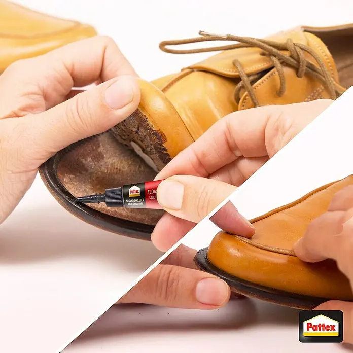 Pattex Sekundenkleber Flüssig Mini Trio - 1 g, Flüssig, Tube - Ein Paar Lederschuhe werden mit Pattex Flüssigkleber repariert, wobei der Kleber präzise aufgetragen wird, um die Sohle zu befestigen.