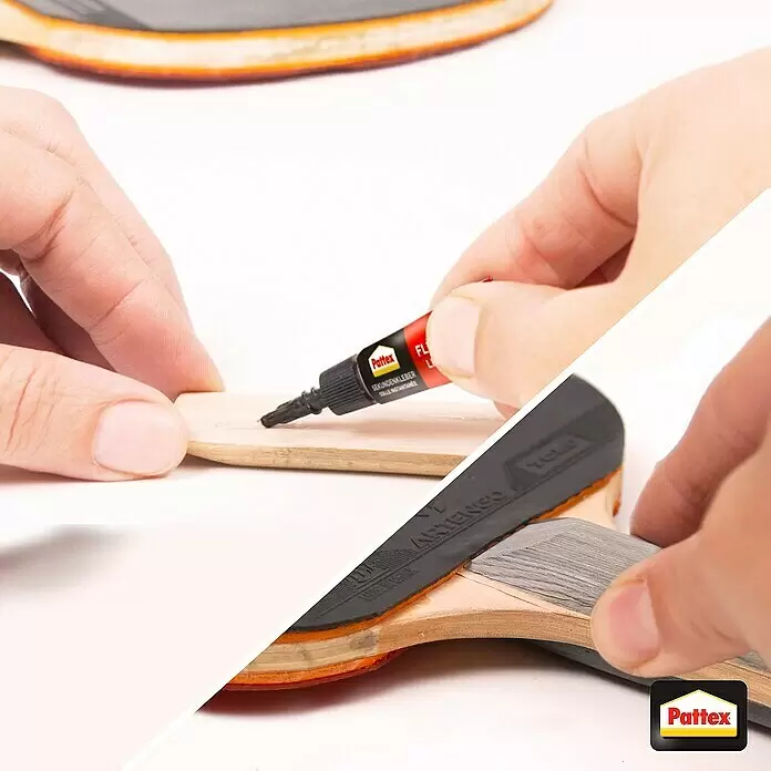 Pattex Sekundenkleber Flüssig Mini Trio - 1 g, Flüssig, Tube - Hände tragen Pattex-Kleber zur Reparatur auf Holz auf, daneben ein Tischtennisschläger. Pattex-Logo.