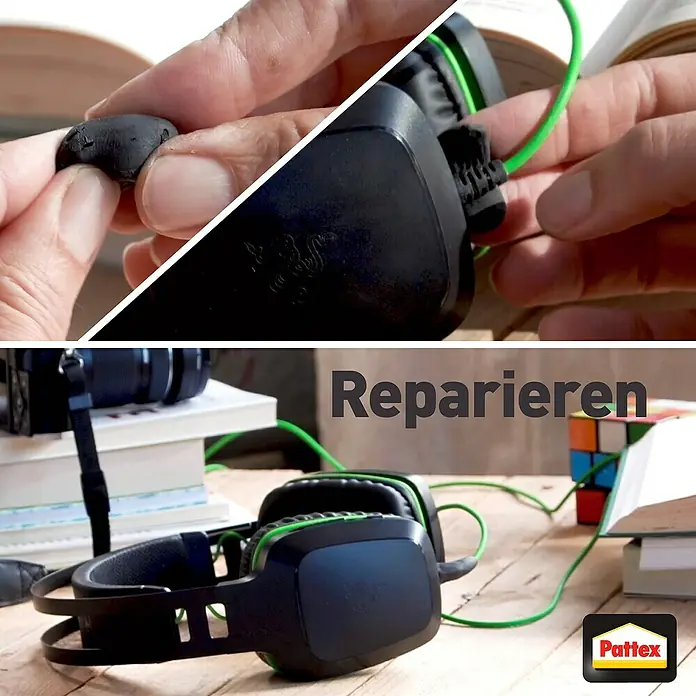Pattex Knetmasse Kintsuglue - Weiß, 5 g - Reparieren Sie Ihre Kopfhörer mit Pattex! Die obere Hälfte zeigt, wie man etwas Schwarzes auf ein Headset aufträgt, während die untere Hälfte das fertige Produkt zeigt.