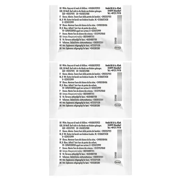 Pattex Knetmasse Kintsuglue - Weiß, 5 g - Abbildung der Produktverpackung eines Tipp-Ex-Korrekturmittels mit Sicherheitshinweisen in mehreren Sprachen.