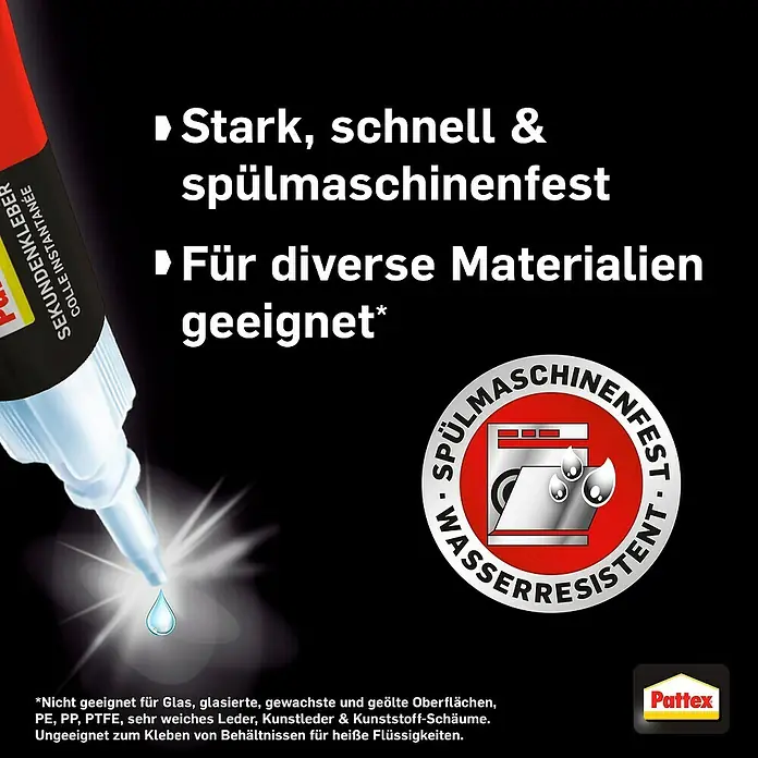Pattex Sekundenkleber Flüssig Mini Trio - 1 g, Flüssig, Tube - Abbildung eines Pattex Sekundenklebers, der sich durch seine starke, schnelle Wirkung und Spülmaschinenfestigkeit auszeichnet.