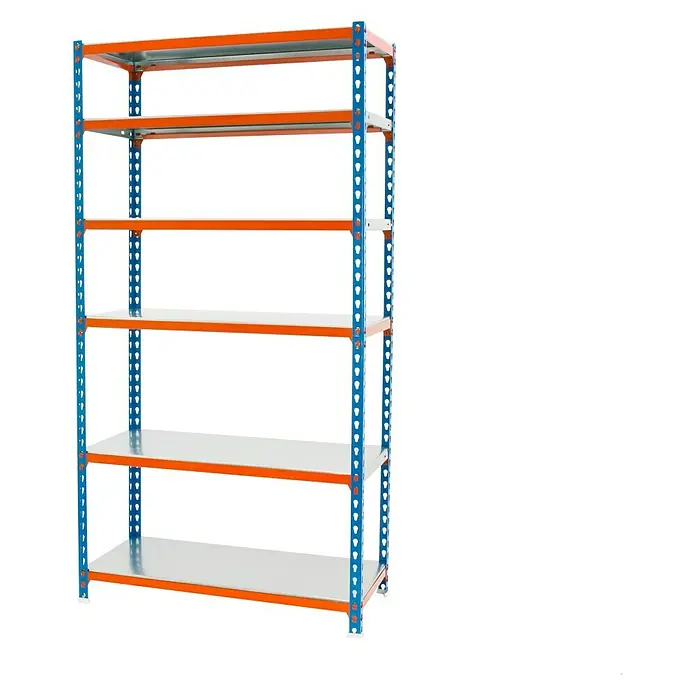 Simonrack Simonclick Estantería metálica Superplus - Al x An x Pr: 250 x 110 x 40 cm, Capacidad de carga por balda: 200 kg, Número de baldas: 6 ud., Inserción, Azul/Naranja/Galvanizado - Imagen de una estantería metálica azul y naranja con cinco estantes, ideal para el almacenamiento.