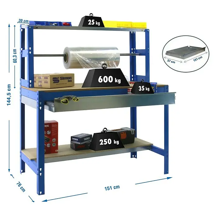 Simonrack Simonwork Banco de trabajo BT4 Box - L x An: 76 x 151 cm, Altura de trabajo: 144,5 cm, Carga soportada: 875 kg, Azul - Un robusto banco de trabajo azul con dos estantes y varios pesos.