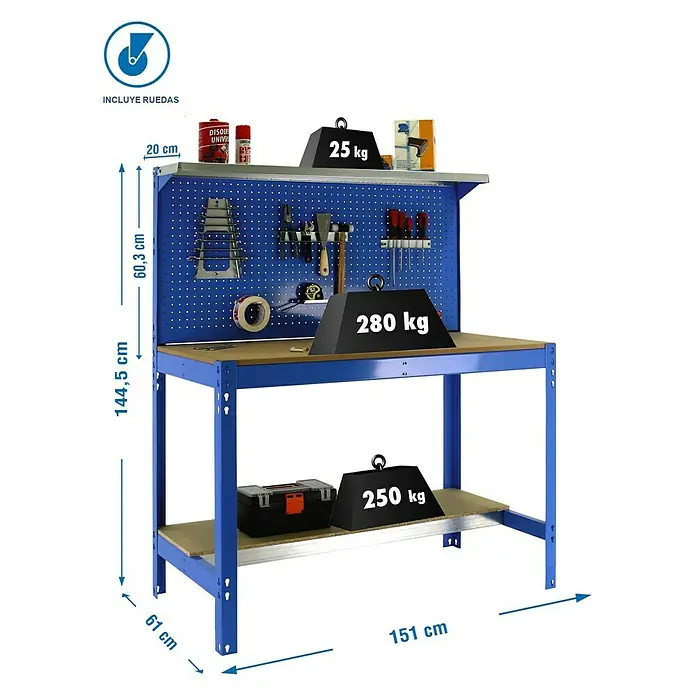 Simonrack Simonwork Banco de trabajo BT3 Mobile - L x An: 61 x 151 cm, Altura de trabajo: 144,5 cm, Carga soportada: 120 kg, Azul - Banco de trabajo con panel de herramientas y estantes, cargable con pesos de 25 kg, 250 kg y 280 kg, dimensiones: 151 x 61 x 144,5 cm.
