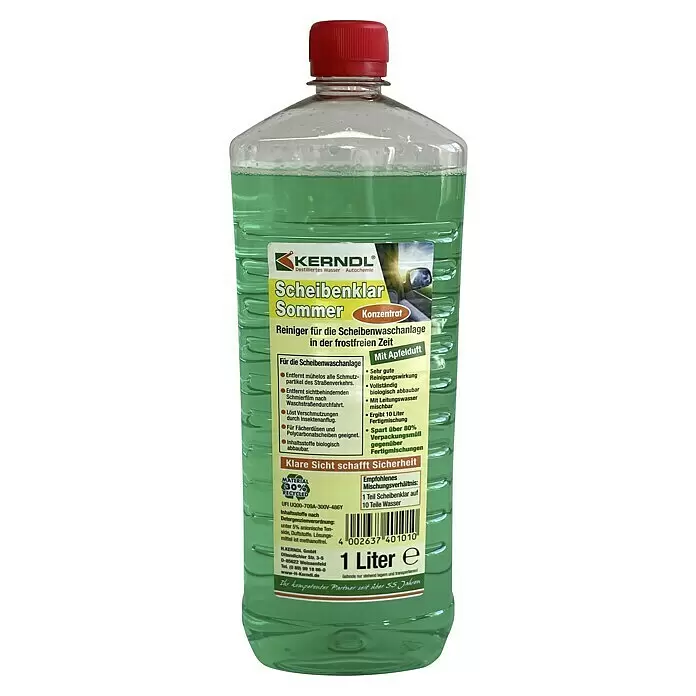 Scheibenklar Konzentrat Sommer - Duft: Apfel, Mischungsverhältnis: 1:10, 1 l - Grüner Scheibenreiniger-Konzentrat in transparenter Plastikflasche mit rotem Verschluss, 1 Liter, für Sommergebrauch mit Apfelduft.