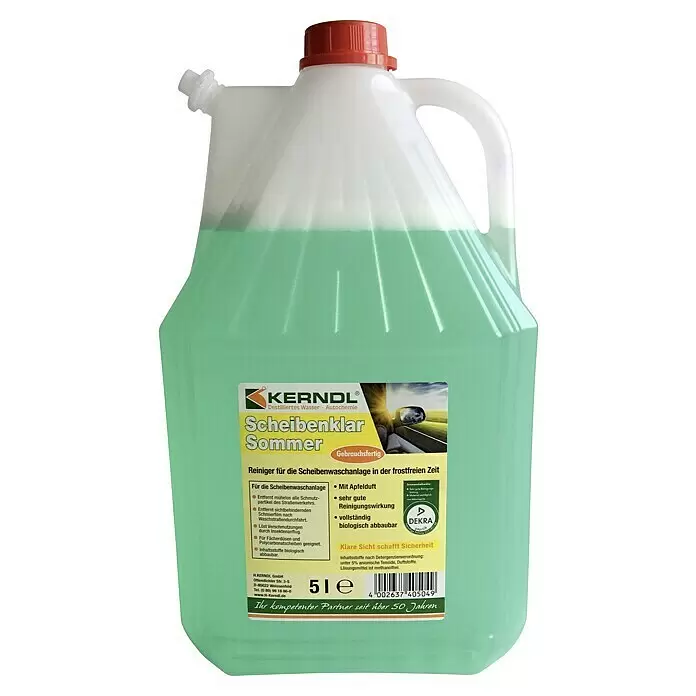 Scheibenklar Sommer - Duft: Apfel, 5 l - Weißer 5L Kunststoffkanister mit grünem Scheibenreiniger und rotem Deckel.