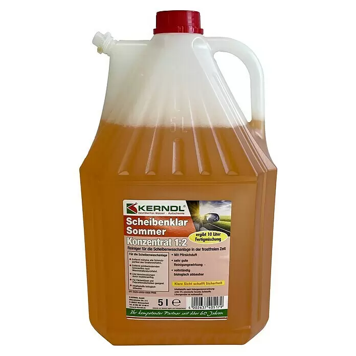 Scheibenklar Konzentrat Sommer - Duft: Pfirsich, Mischungsverhältnis: 1:2, 5 l - 5-Liter-Kanister aus weißem, durchscheinendem Kunststoff mit oranger Flüssigkeit, rotem Deckel und KERNDL Scheibenklar Sommer Etikett.