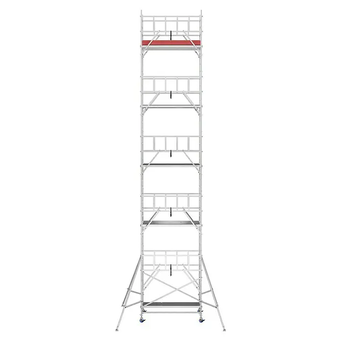 Krause ProTec XXL Rollgerüst Breitaufbau - Arbeitshöhe: 11,3 m, Belastbarkeit Plattform: 480 kg - Das Bild zeigt ein hohes, fahrbares Baugerüst aus Aluminium mit mehreren Ebenen und einer roten Plattform. Ideal für Bau- und Reparaturarbeiten.