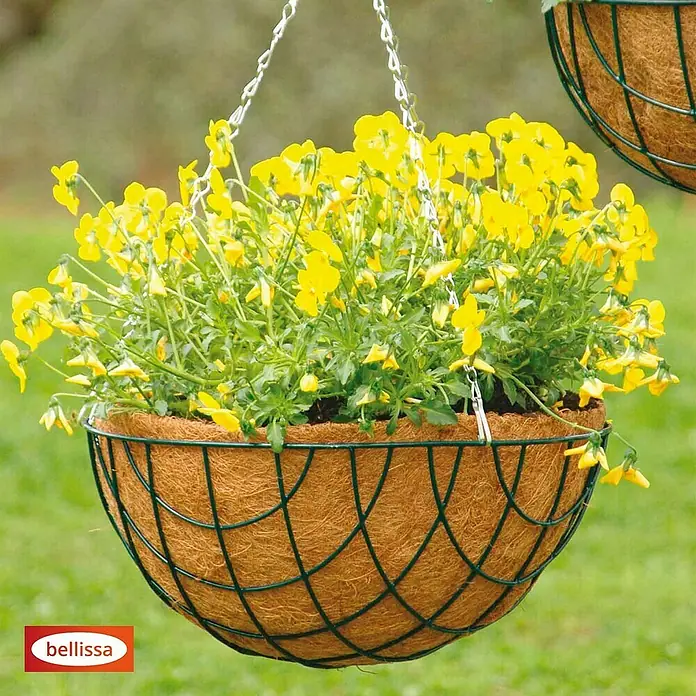 Bellissa Pflanzmatte - Passend für: Bellissa Blumenampel Hanging Basket Ø 30 cm - Hängekorb mit gelben Blumen. Der Bellissa Hängekorb ist mit fröhlichen gelben Blumen bepflanzt und hängt an einer Kette im Garten.