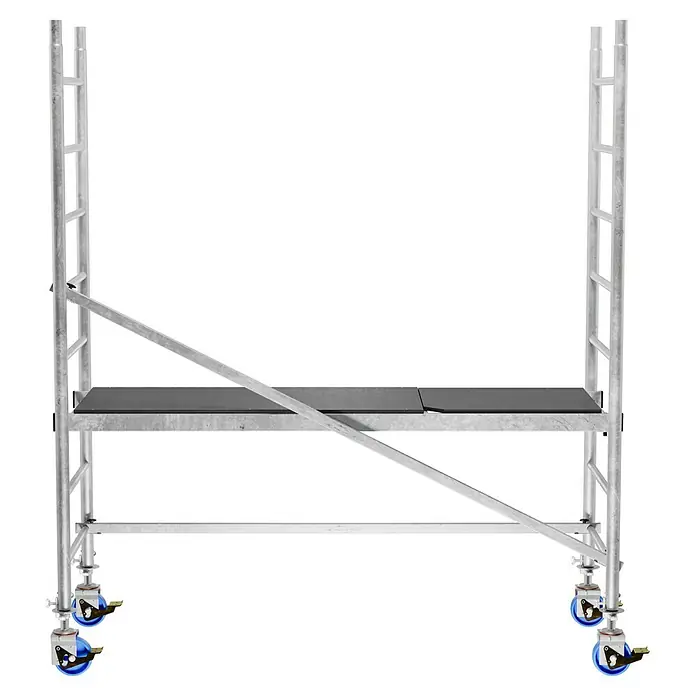 Krause ProTec Rollgerüst - Arbeitshöhe: 2,9 m, Belastbarkeit Plattform: 240 kg - Ein Rollgerüst mit blauen Rädern und grauen Plattformen, ideal für Bau- und Renovierungsarbeiten. Die Stahlkonstruktion sorgt für Stabilität und Sicherheit.