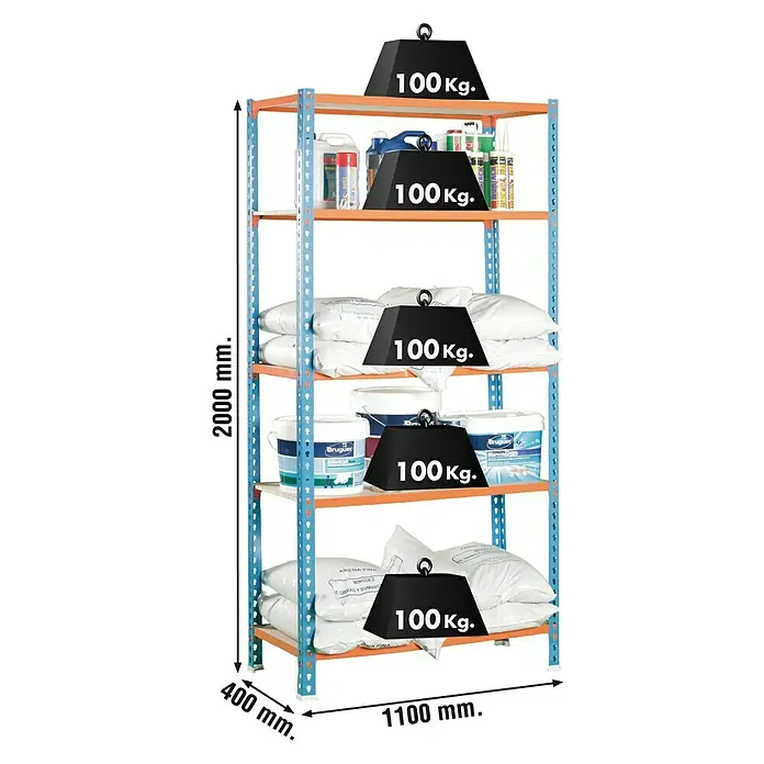Simonrack Maderclick Metallregal Maderclick SuperPlus - H x B x T: 200 x 110 x 40 cm, Traglast pro Boden: 200 kg, Anzahl Böden: 5 Stk., Stecken, Blau/Orange - Abbildung eines blauen und orangen Metallregals mit fünf Ebenen, das mit Gewichten und Behältern beladen ist.