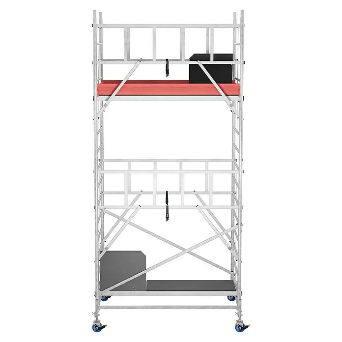 Krause ProTec XXL Rollgerüst BreitaufbauArbeitshöhe: 5,3 m, Bühnengröße: 2 x 1,2 m, Belastbarkeit: 200 kg/m² - Ein Gerüstturm aus Aluminium mit Plattformen und Rädern. Das mobile Gerüst ist ideal für Bau- und Renovierungsarbeiten.