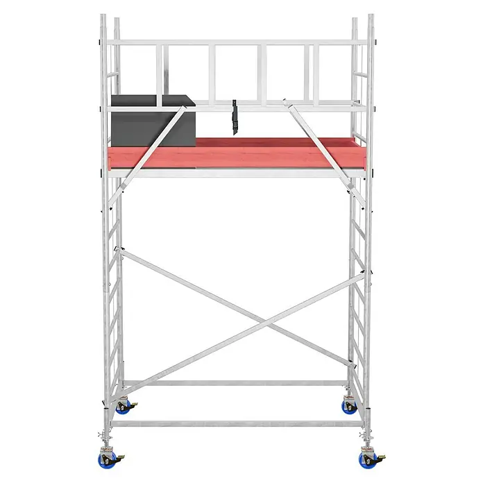 Krause ProTec XXL Rollgerüst Breitaufbau - Arbeitshöhe: 4,3 m, Belastbarkeit Plattform: 480 kg - Ein freistehendes Gerüst mit einer roten Plattform, ideal für Bauarbeiten oder Renovierungen, bietet eine sichere und stabile Arbeitsumgebung.