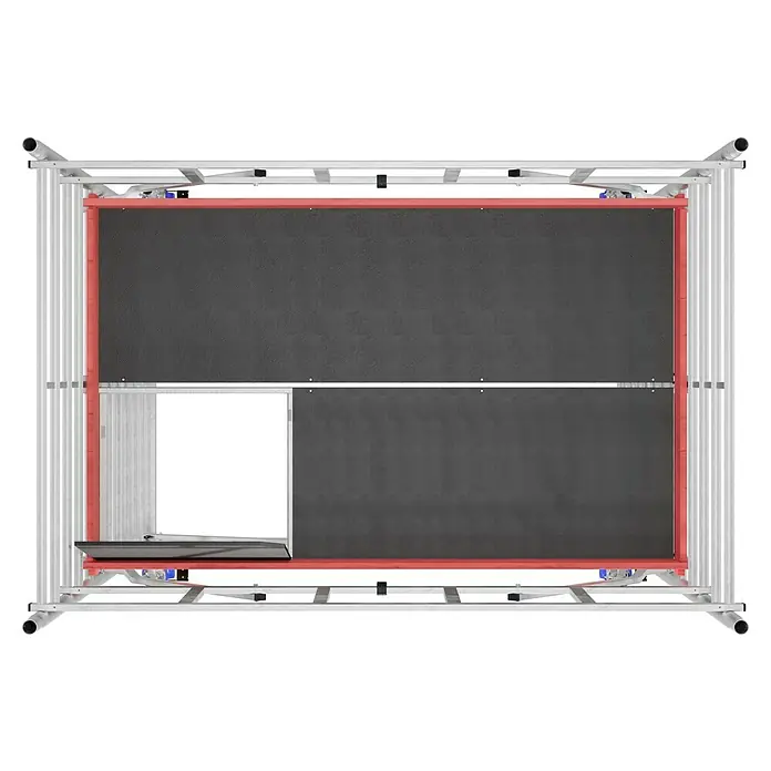 Krause ProTec XXL Rollgerüst Breitaufbau - Arbeitshöhe: 4,3 m, Belastbarkeit Plattform: 480 kg - Das Bild zeigt eine präzise gefertigte, modulare Schneidemaschine für verschiedene Materialien in einem stabilen Rahmen.