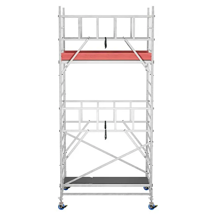 Krause ProTec XXL Rollgerüst BreitaufbauArbeitshöhe: 5,3 m, Bühnengröße: 2 x 1,2 m, Belastbarkeit: 200 kg/m² - Eine mobile Rollgerüst-Konstruktion mit mehrstöckigen, silbernen Metallrahmen und einer roten Plattform, die für Bauarbeiten verwendet wird.