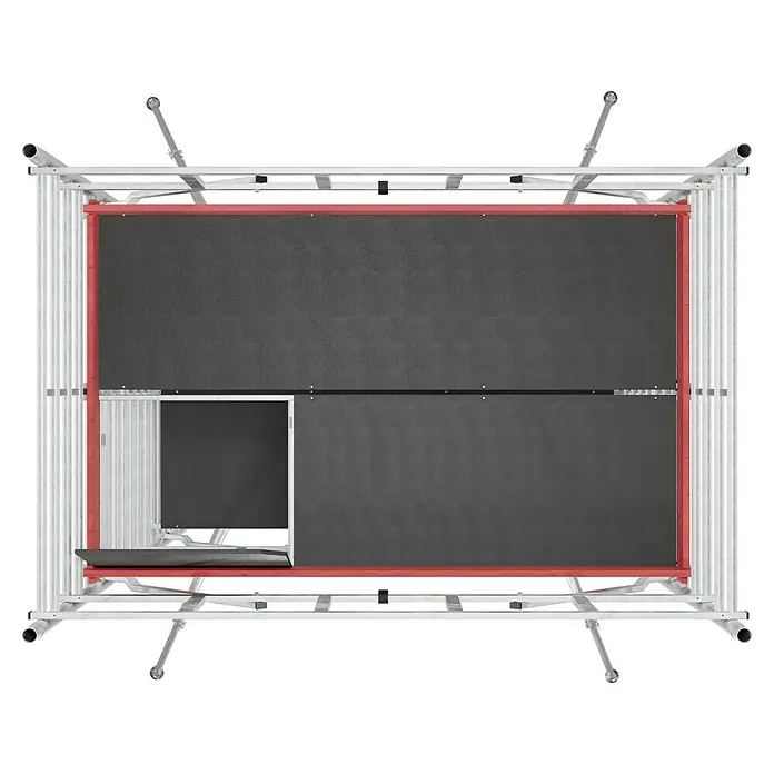 Krause ProTec XXL Rollgerüst Breitaufbau - Arbeitshöhe: 12,3 m, Belastbarkeit Plattform: 480 kg - Ein rechteckiger Rollgerüstrahmen mit Plattform und grauer Abdeckung, ideal für Bau- und Renovierungsarbeiten.