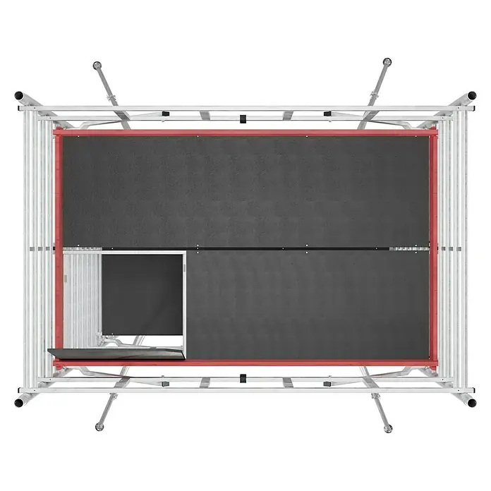 Krause ProTec XXL Rollgerüst BreitaufbauArbeitshöhe: 11,3 m, Bühnengröße: 2 x 1,2 m, Belastbarkeit: 200 kg/m² - Ansicht von oben eines Layher Uni Bühnenpodests, das eine robuste Struktur und eine sichere Plattform für Veranstaltungen bietet.