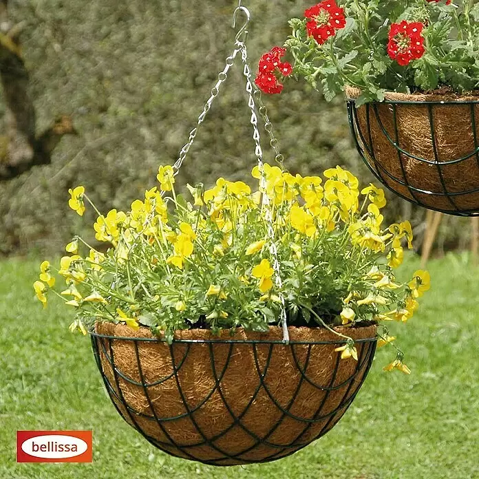 Bellissa Pflanzmatte - Passend für: Bellissa Blumenampel Hanging Basket Ø 35 cm - Metall-Hängekorb mit Kokosfasereinsatz, gefüllt mit gelben Blumen, hängt draußen. Rote Blumen in einem weiteren Korb sind sichtbar.