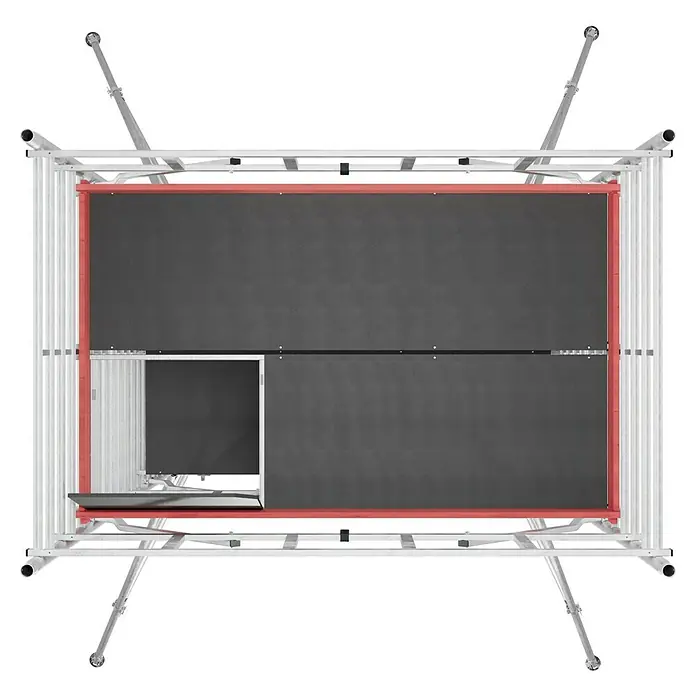 Krause ProTec XXL Rollgerüst Breitaufbau - Arbeitshöhe: 8,3 m, Belastbarkeit Plattform: 480 kg - Produktansicht von oben: Ein Gerüst mit einer Arbeitsplattform, umrandet von einem roten Rahmen, bietet sichere Höhe für Arbeiten.