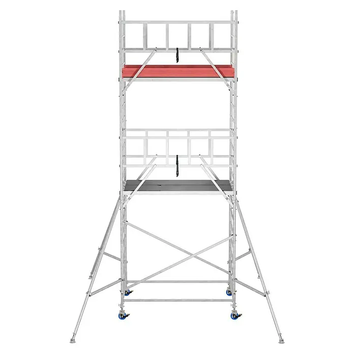 Krause ProTec XXL Rollgerüst Breitaufbau - Arbeitshöhe: 6,3 m, Belastbarkeit Plattform: 480 kg - Ein hoher, fahrbarer Gerüstturm aus Metall mit roter Plattform und Rollen. Ideal für Bau- und Wartungsarbeiten.