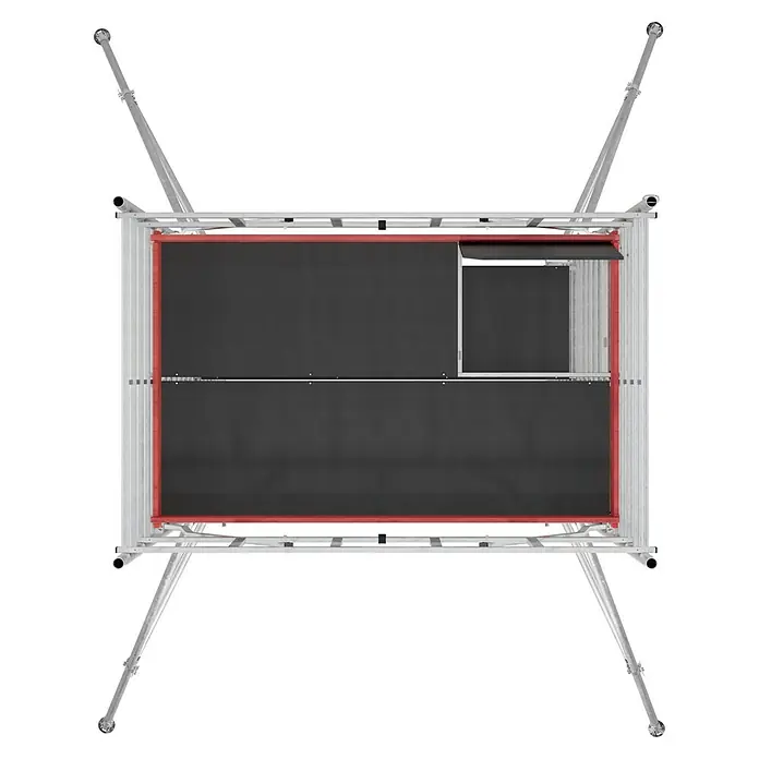 Krause ProTec XXL Rollgerüst Breitaufbau - Arbeitshöhe: 6,3 m, Belastbarkeit Plattform: 480 kg - Draufsicht auf ein fahrbares Aluminium-Baugerüst mit rotem Rand und schwarzem Hintergrund für Arbeiten in der Höhe.