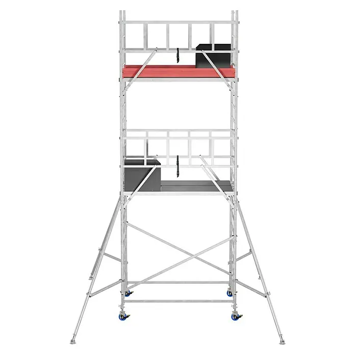 Krause ProTec XXL Rollgerüst Breitaufbau - Arbeitshöhe: 6,3 m, Belastbarkeit Plattform: 480 kg - Hier ist ein Gerüst auf Rädern abgebildet, das eine sichere und flexible Arbeitsplattform für verschiedene Bau- und Wartungsarbeiten bietet.