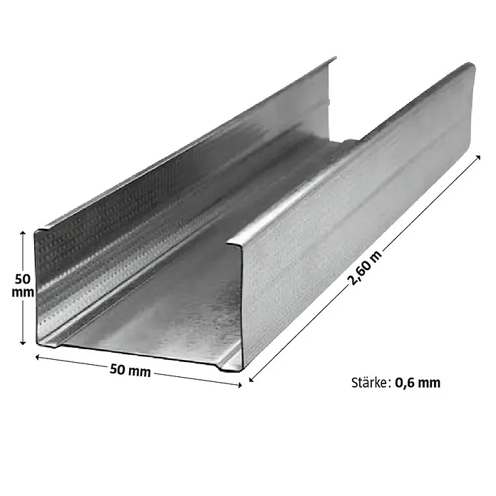 Probau CW-Standprofil - 2.600 x 50 x 50 mm - Abbildung eines silbernen Gipskartonprofils mit einer Länge von 2,60 m, einer Breite von 50 mm und einer Stärke von 0,6 mm.